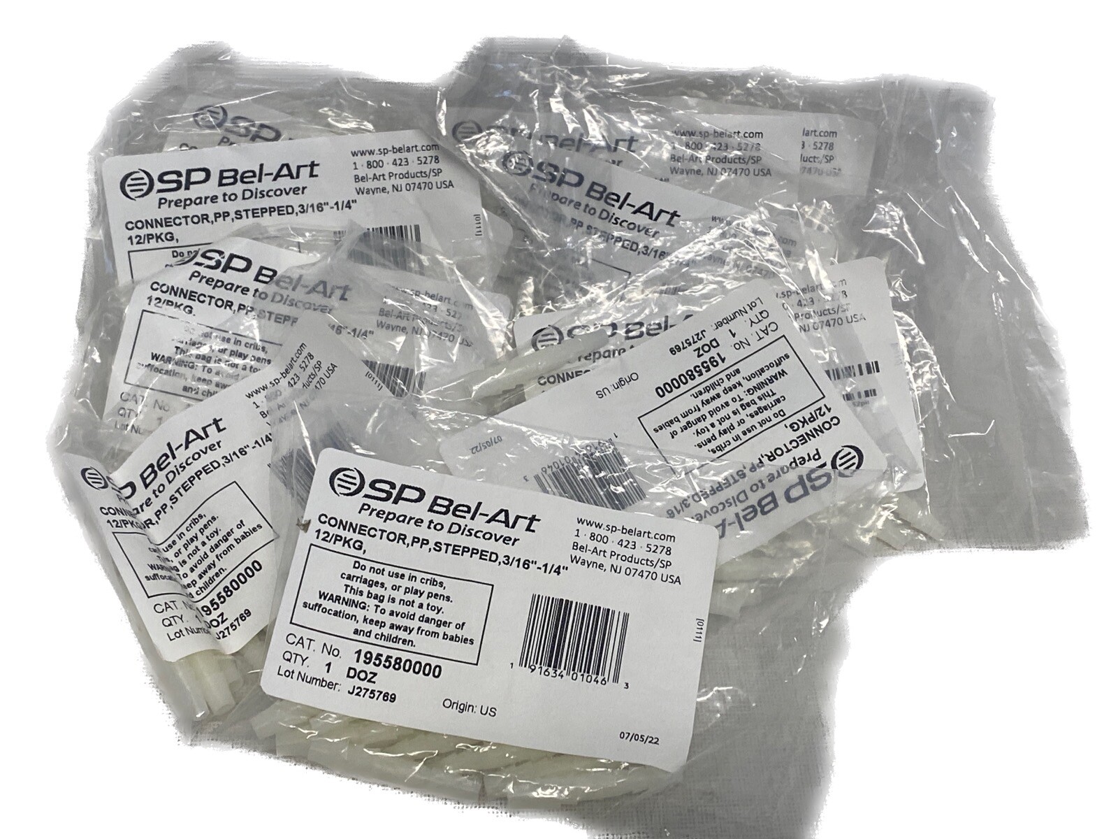 (120) SP BEL-ART PP Stepped Hose Barb Reducing Connector 3/16”x1/4”ID 195580000