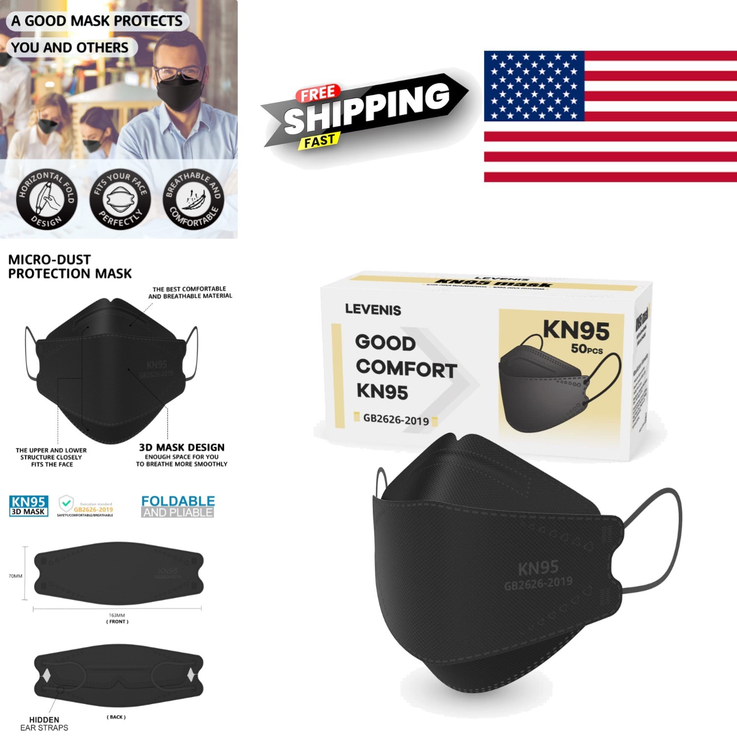 KN95 Face Masks Pack of 50 Black High Filtration Efficiency Comfortable Wear