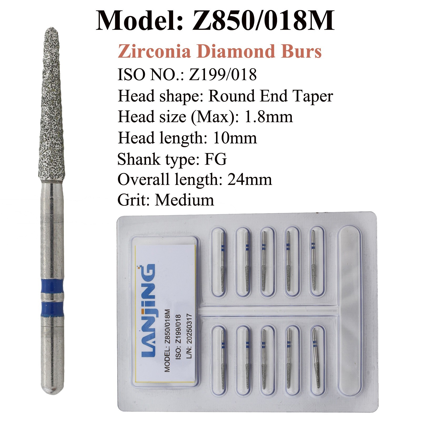 Dental Zirconia Diamond Bur Z856 Round End Taper FG Burs Medium Fine 016 018 025