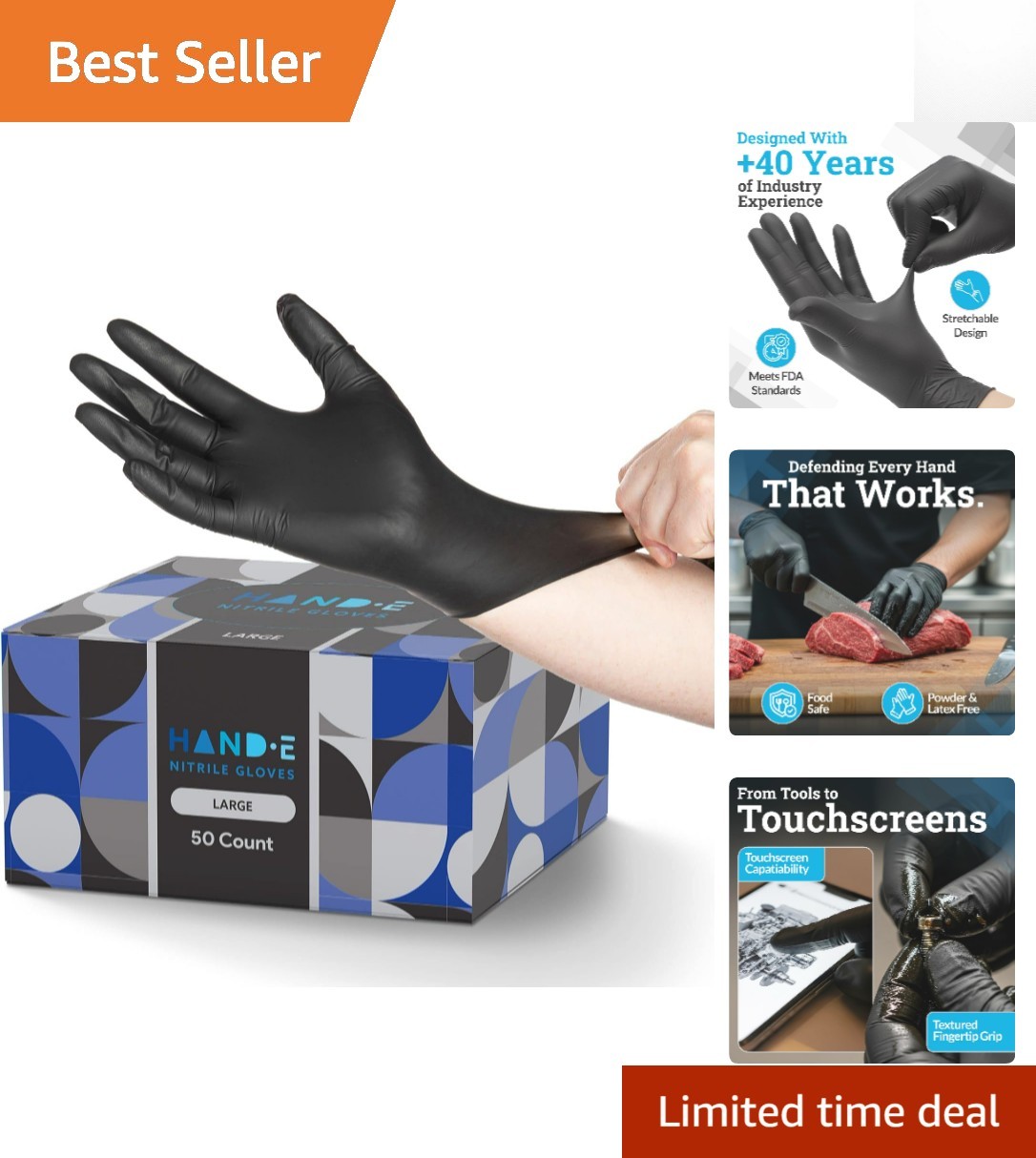 Exceptional Grip Large Black Nitrile Gloves, 50 Count – For Mechanics & Cooking