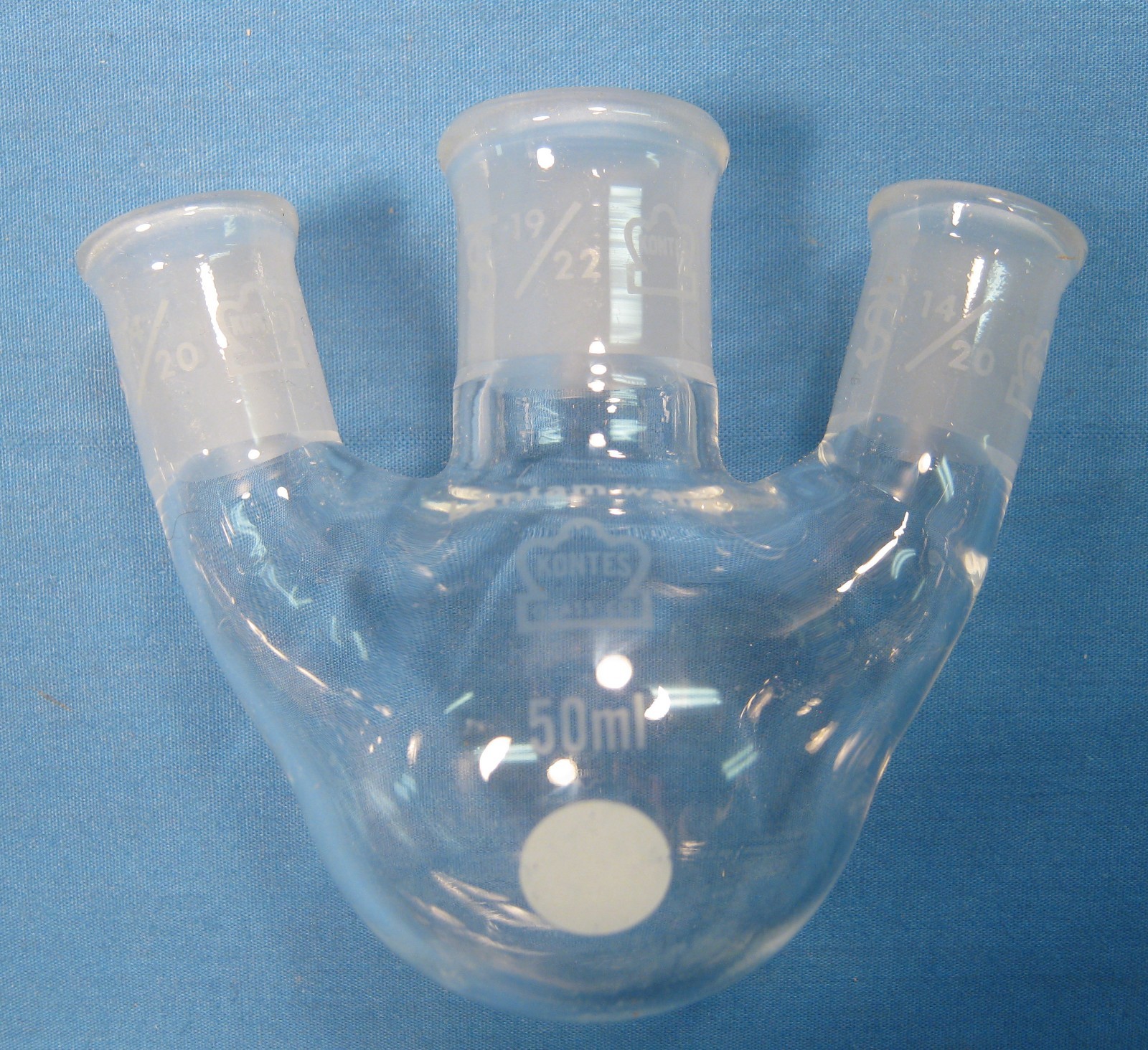 KONTES 50 ML ROUND BOTTOM 3-NECK FLASK 19/22 & 14/20 FREE SHIPPING 23