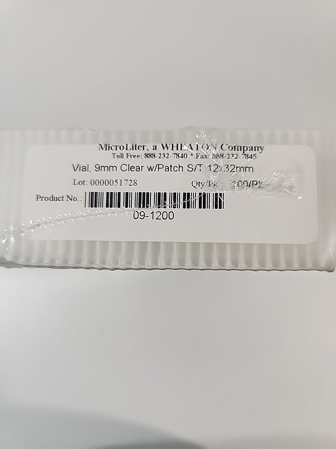WHEATON μL MicroLiter Glass Certified Clean 9mm Vials w/ Patch 12 x 32mm 100/Pk