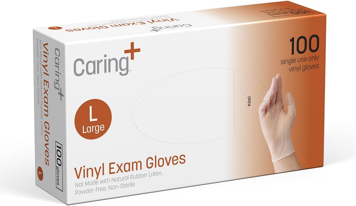 Caring Vinyl Exam Gloves Powder Free and Not Made with Natural Rubber Latex, Glo