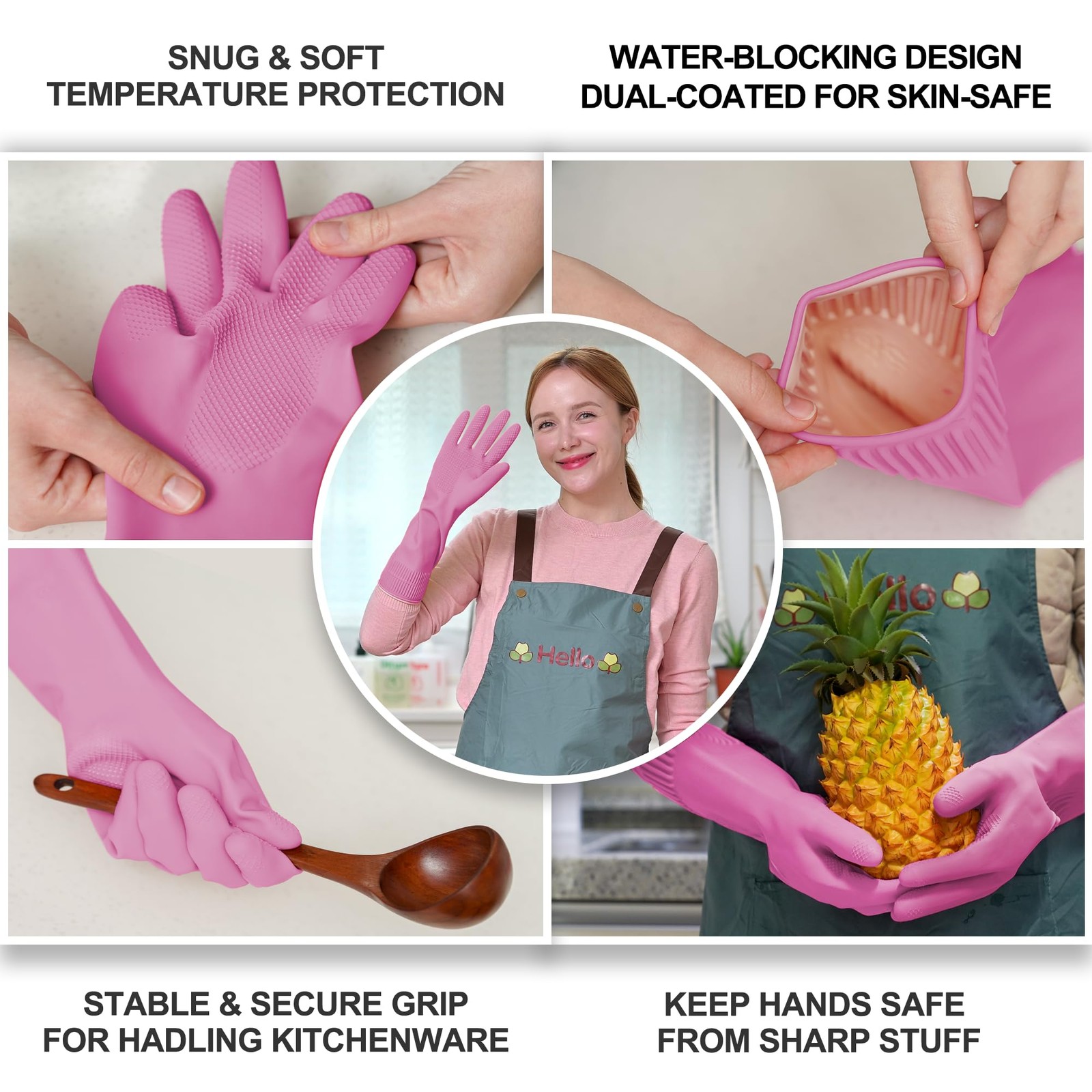 DABOGOSA Reusable Waterproof Dishwashing Gloves Pink XXL 2 Pairs