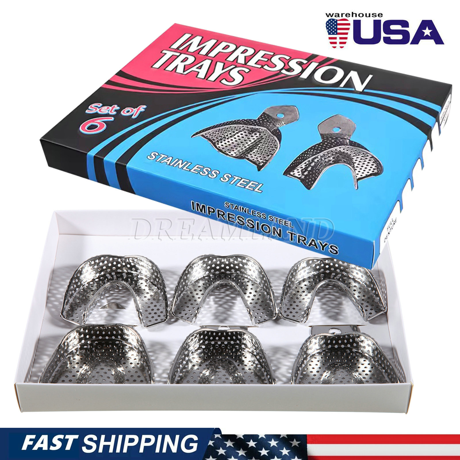 6 Pcs Perforated Metal Dental Impression Trays Set Edentulous Instruments
