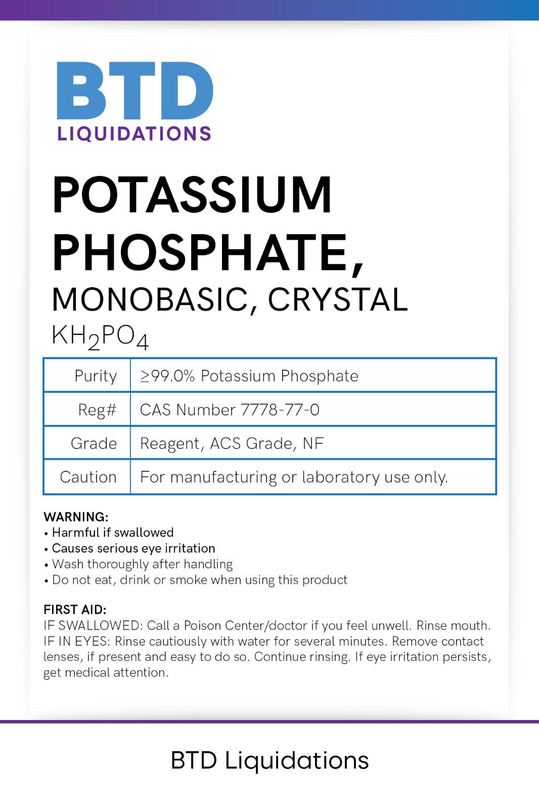 Potassium Phosphate Monobasic, ACS grade, 99.0% CAS# 7778-77-0 500 gr