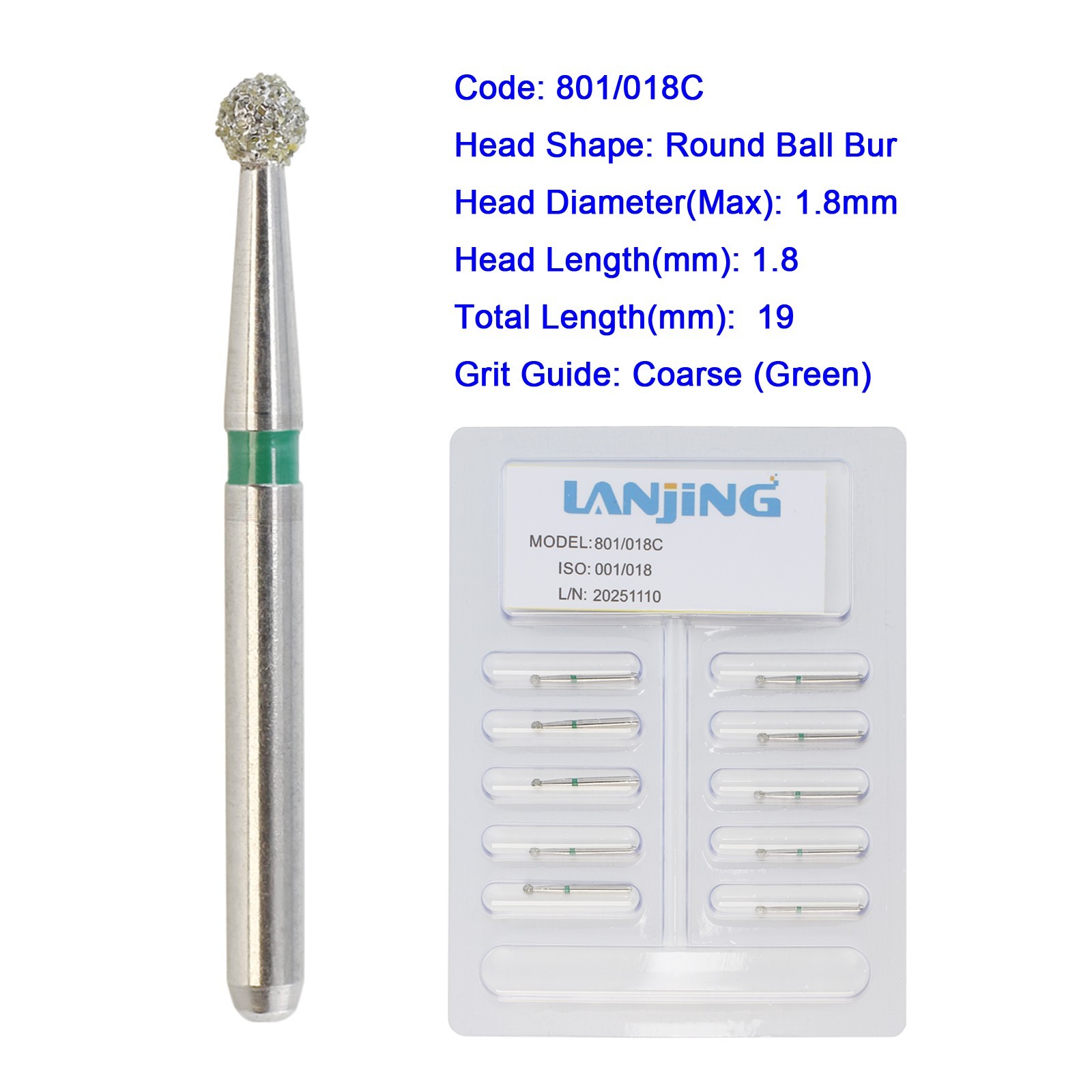 Dental Diamond Bur Multi-use Long Round Ball Bur FG High Speed 801 Surgical 801L
