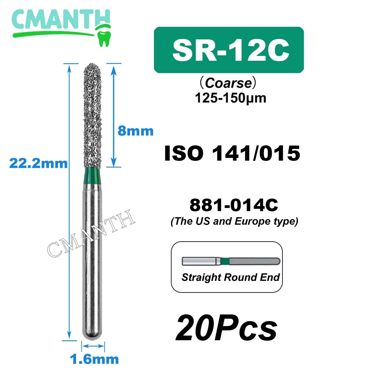 US SR Type Dental Diamond Burs FG High Speed Polishing Burs Tools 1.6mm 20Pcs