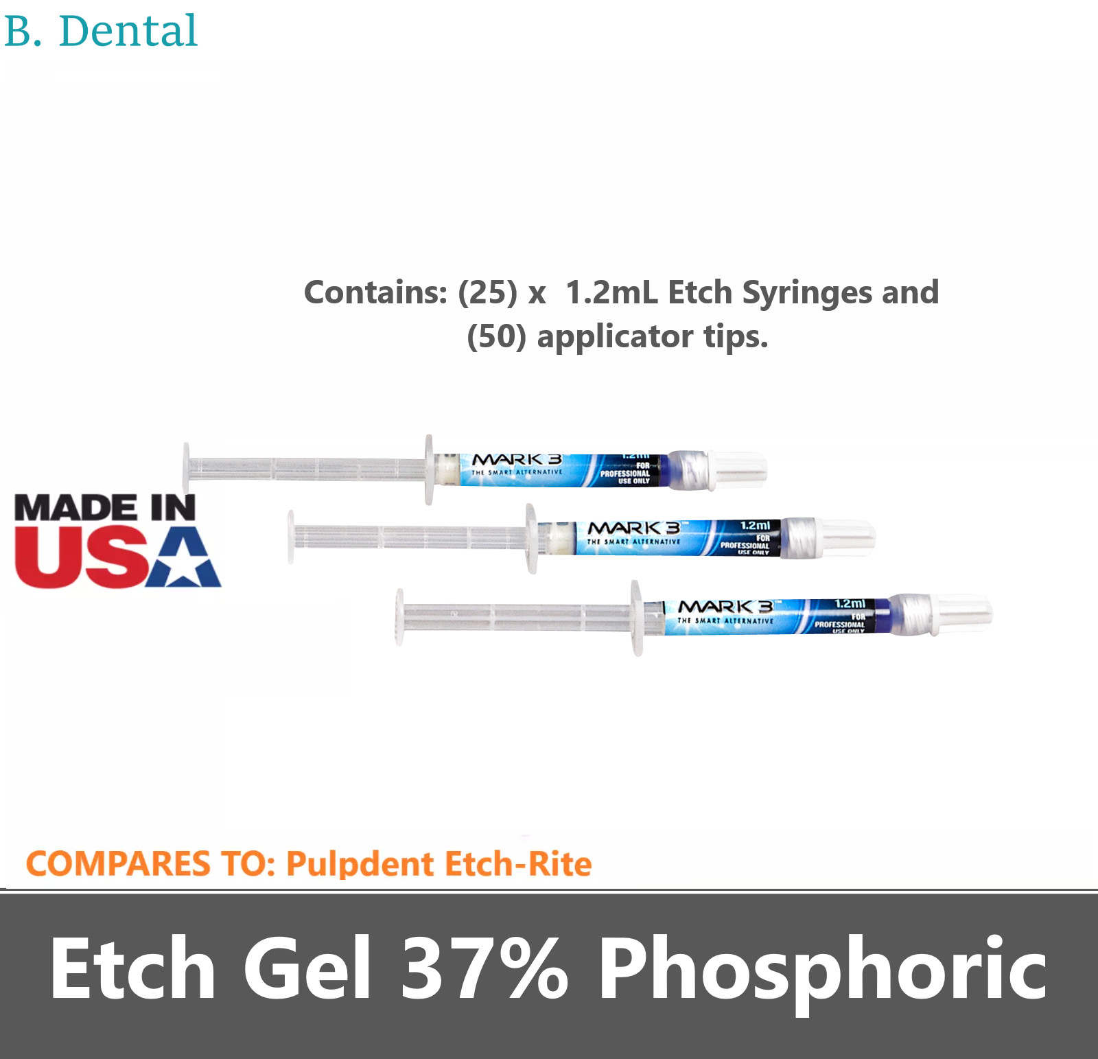 Dental Acid Etching Gel 37% Phosphoric Etchant Gel (25×1.2ml. Syr. & 50 Tips)