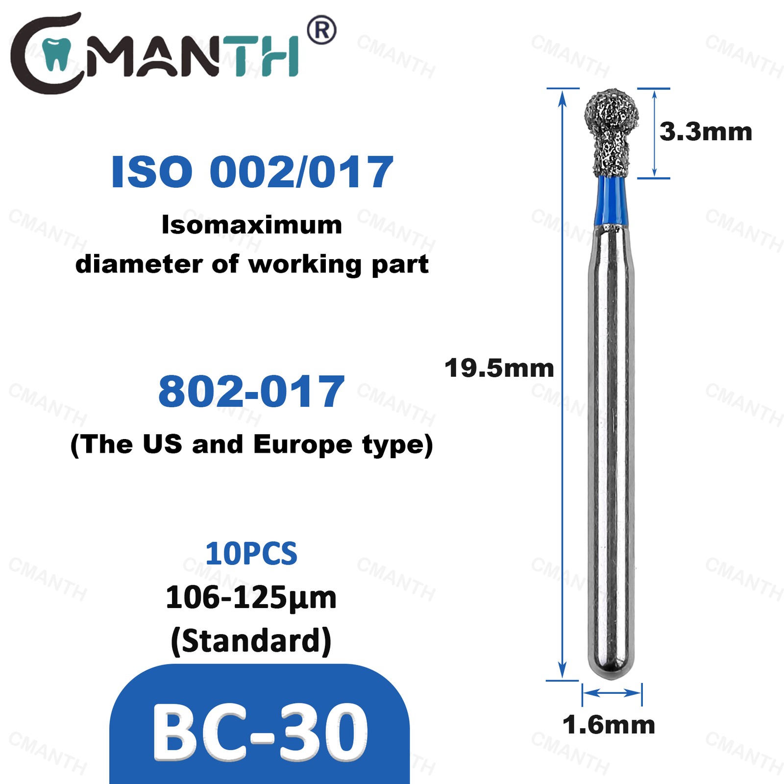 Dental Diamond Burs BC Type Polishing Tool For High Speed Turbine Dia.1.6mm 10pc