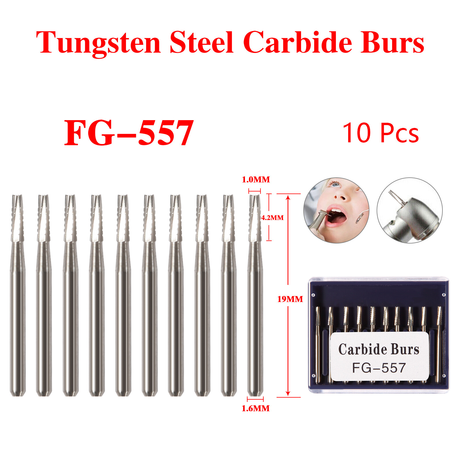 10Pcs Dental Tungsten Carbide 19MM FG Burs Round Bur For High Speed Handpiece