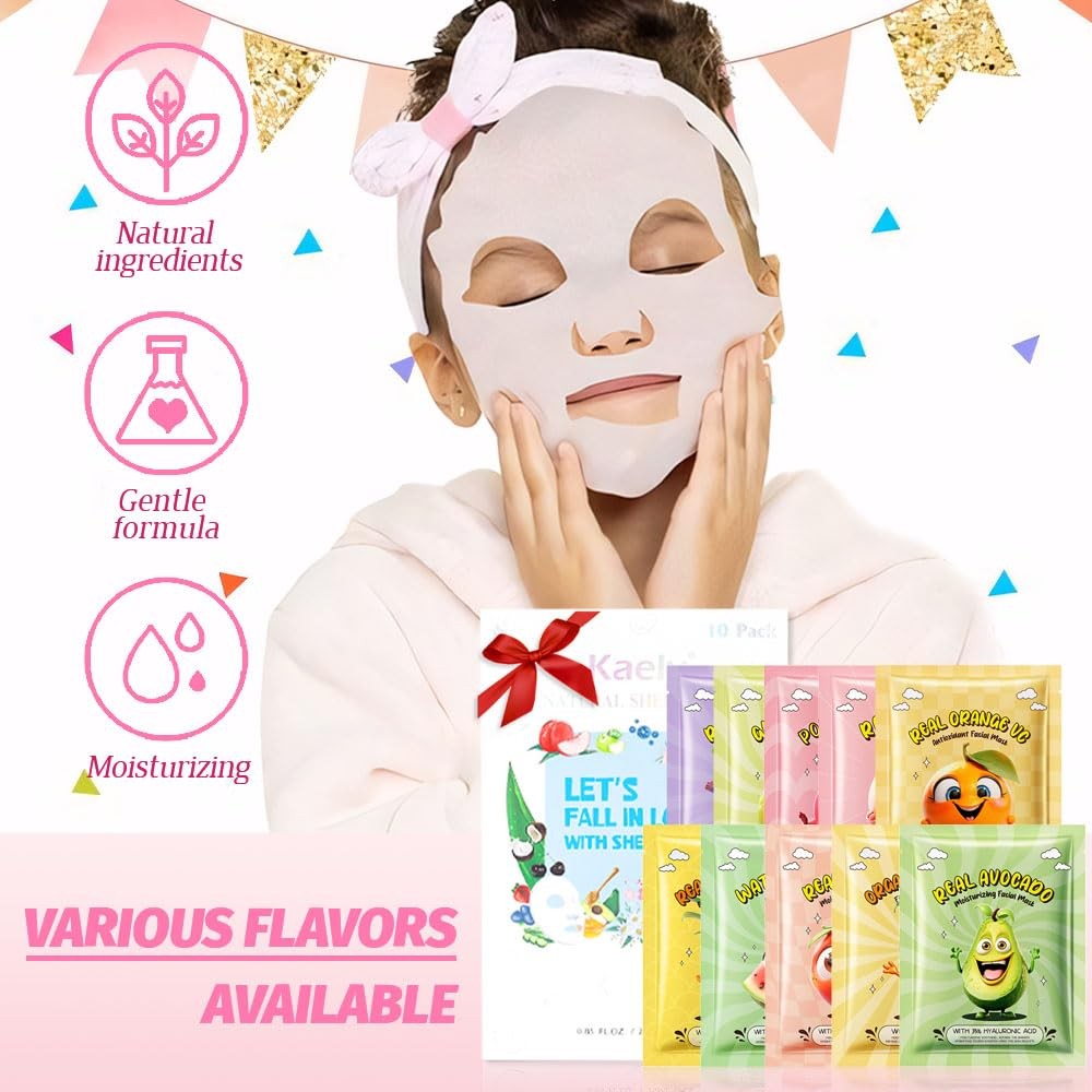 Kaely 10 Pack Fruit Face Masks for 10 Count (Pack of 1), 10Pcs-Set01-Variety