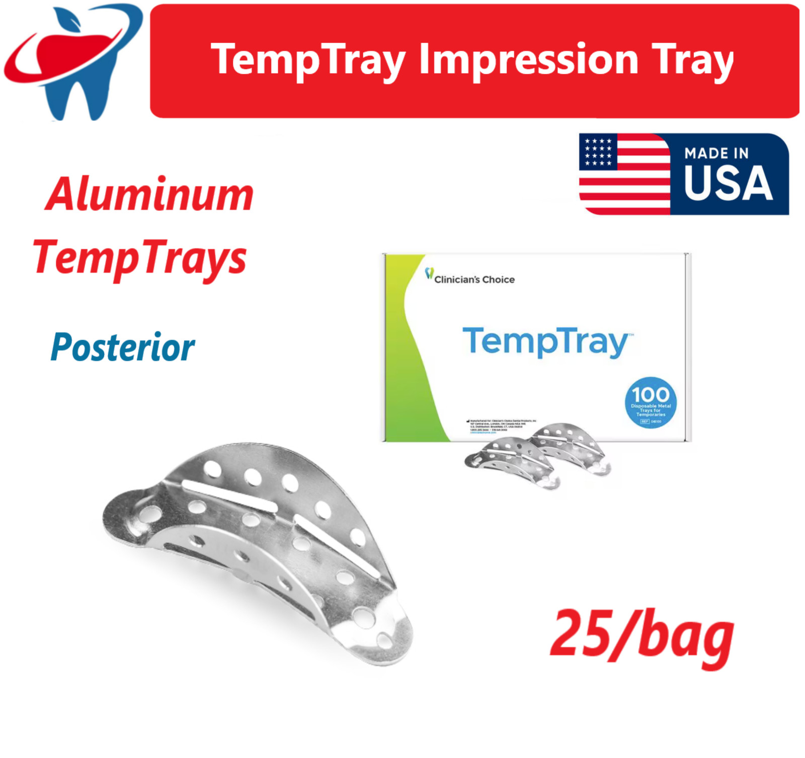 Temp-Tray Universal Dental Aluminum temporary crown and bridge trays, 25/Pk