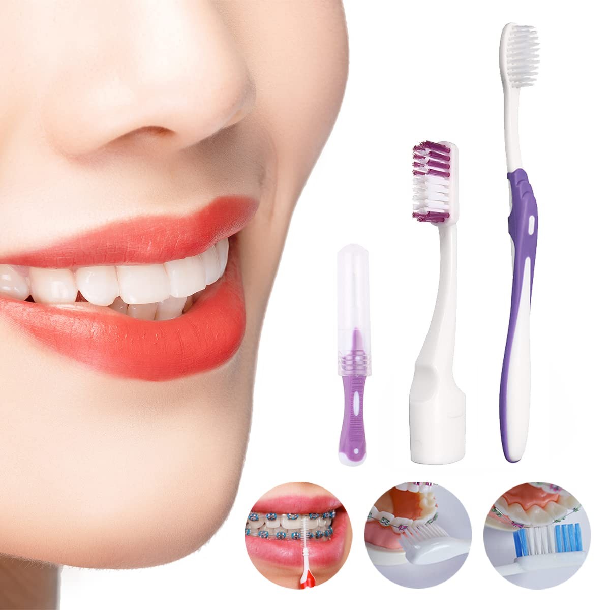 Braces Cleaning Kit for Teeth, Portable Orthodontic Toothbrush Purple B