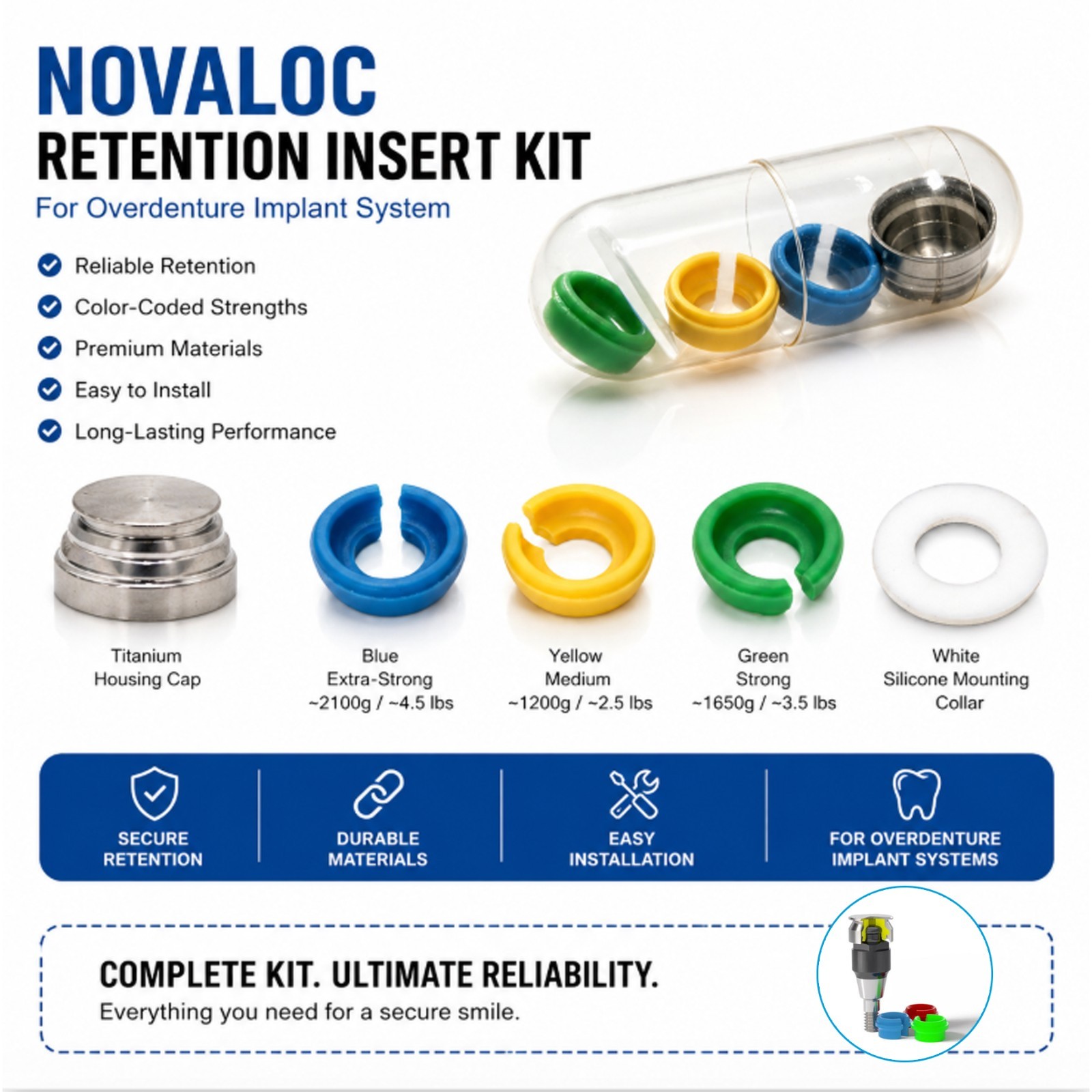 US Dental Novaloc Retention Inserts & Mounting/Demounting Tool Kit Overdenture