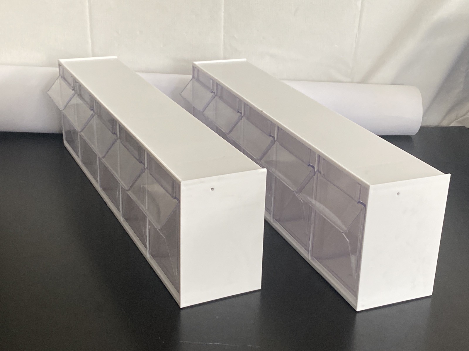 Used (2) QUANTUM 5-Compartment Tip-Out Bin Organizer White 23-3/4” L QTB305