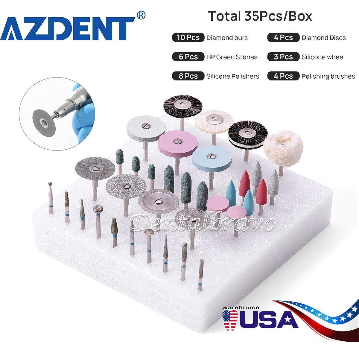 35Pcs Dental Lab Polishing Kit Diamond Burs HP Kit 2.35mm For Ceramics Porcelain