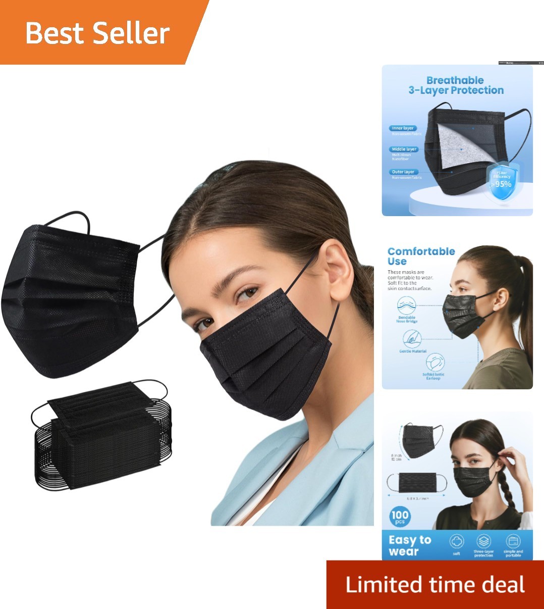ASTM Level 1 3 Ply Disposable Face Masks, 100 PCS – Dust Protection for Adults