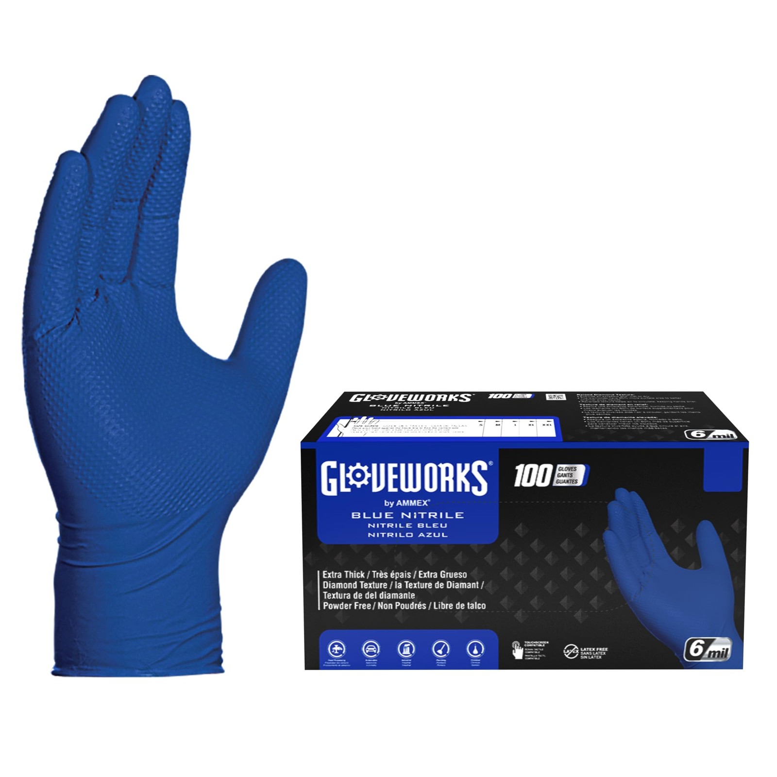 GLOVEWORKS HD Royal Blue Nitrile Industrial Disposable Gloves, 6 Mil LatexFre…