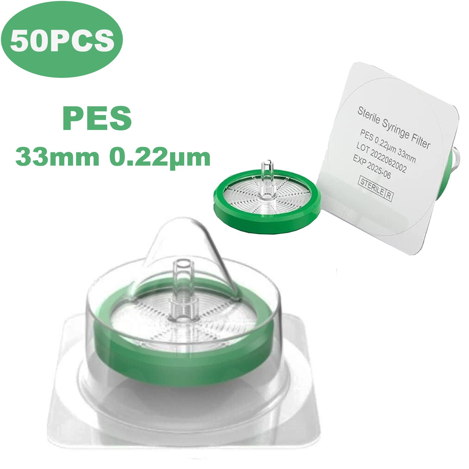 50 Pack Sterile Syringe Filter 33mm 0.22 Micron PES Membrane Hydrophilic Filter
