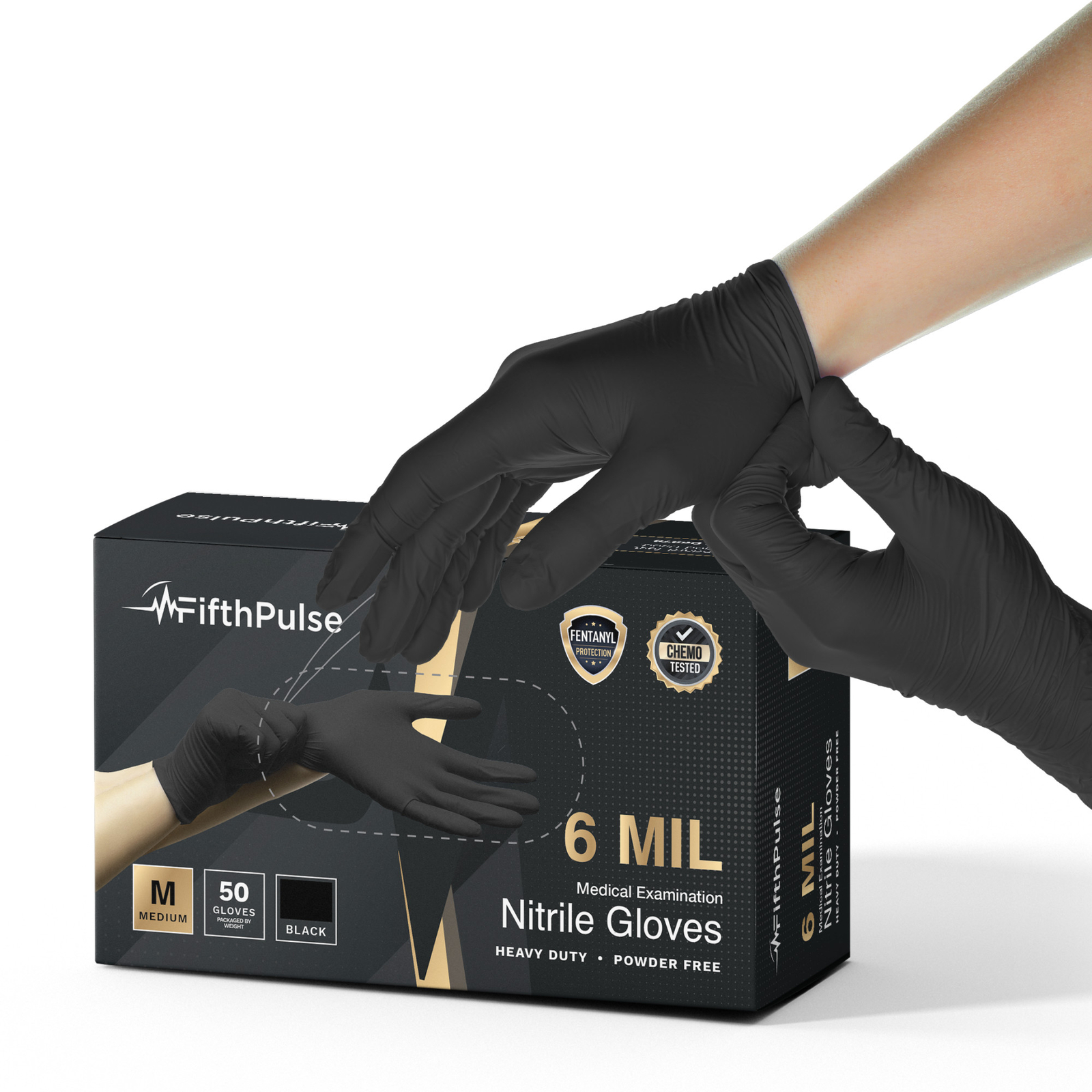 FifthPulse Chemo-Tested Fentanyl Resistant Nitrile Exam Gloves Black 50 Gloves M