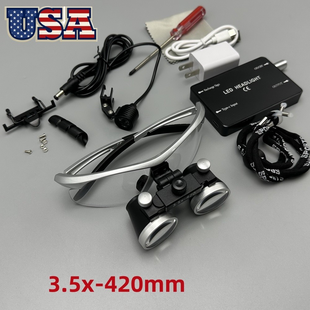 3.5X420mm Dental Binocular Loupes Headband Magnifying Glass w LED Sliver US Plug