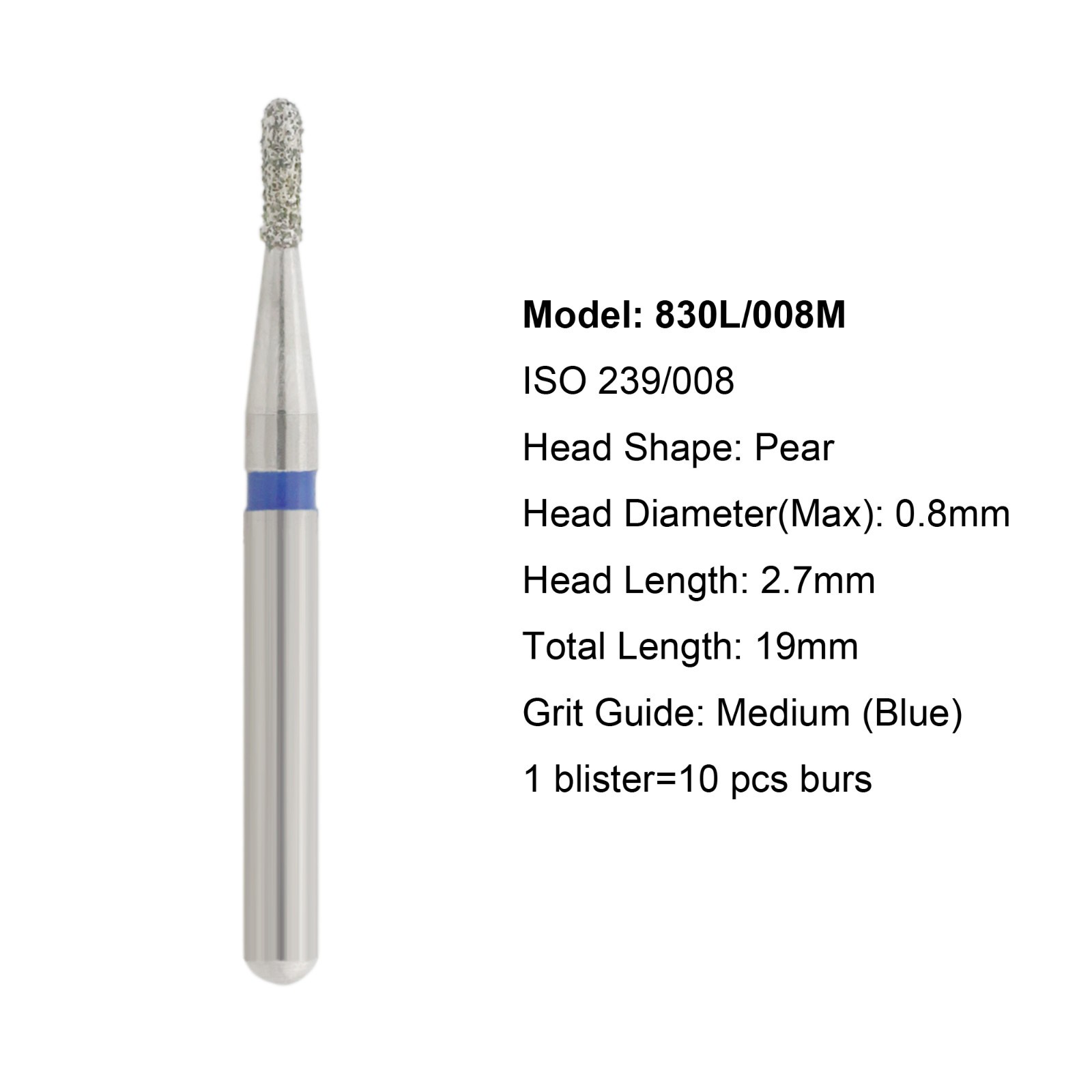 Dental 330 Diamond Bur Long Pear FG 830L/008M Standard Grit Burs High Speed Burr