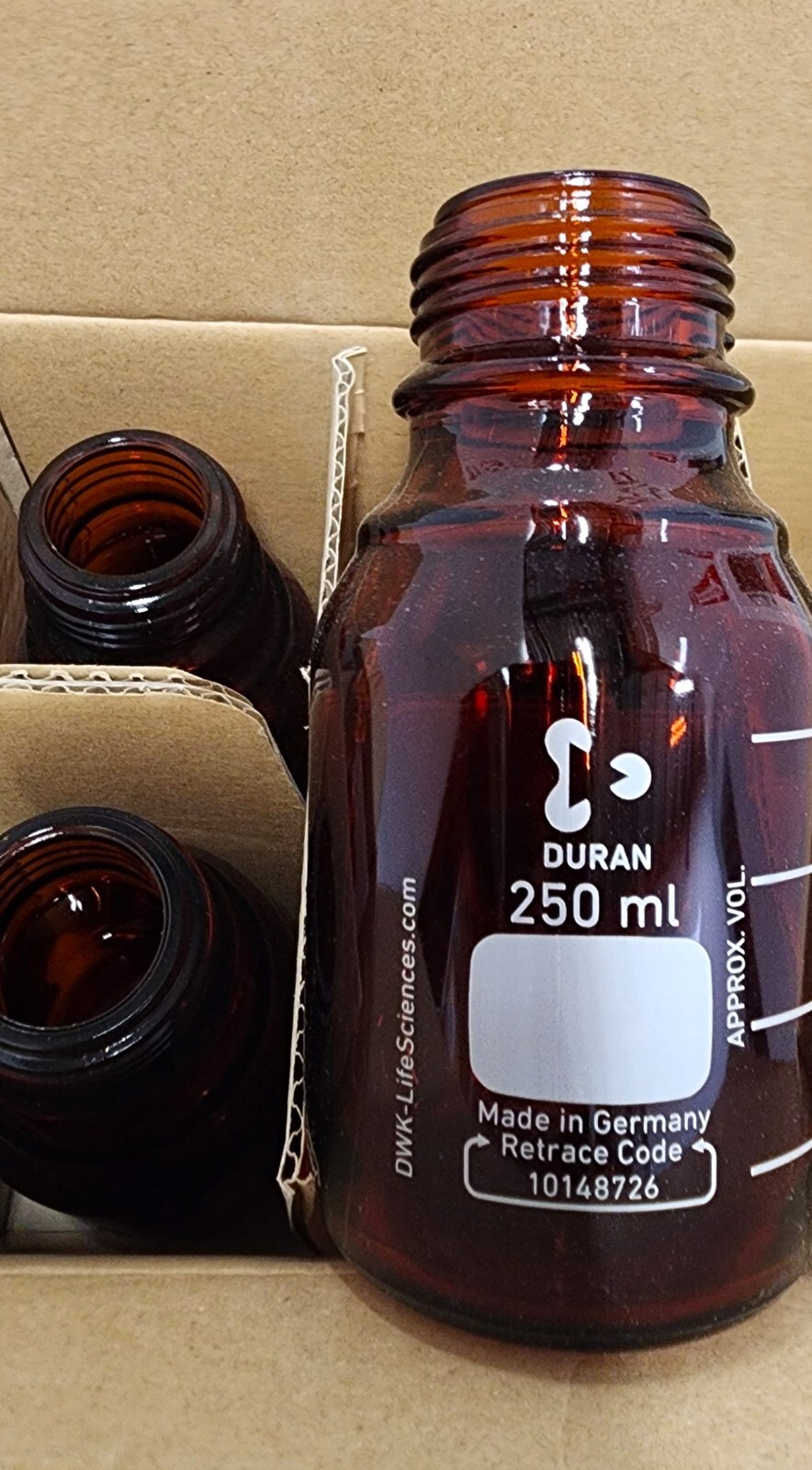 Duran 218063607 Media Bottles 250 mL w/o Screw-cap and Pour Ring GL-45 PK OF 9