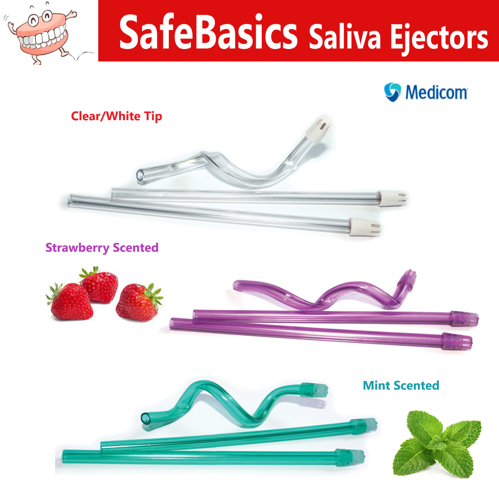 Dental MEDICOM SAFEBASICS™ SALIVA EJECTORS Mint or Strawberry Scented, 105/Pkg