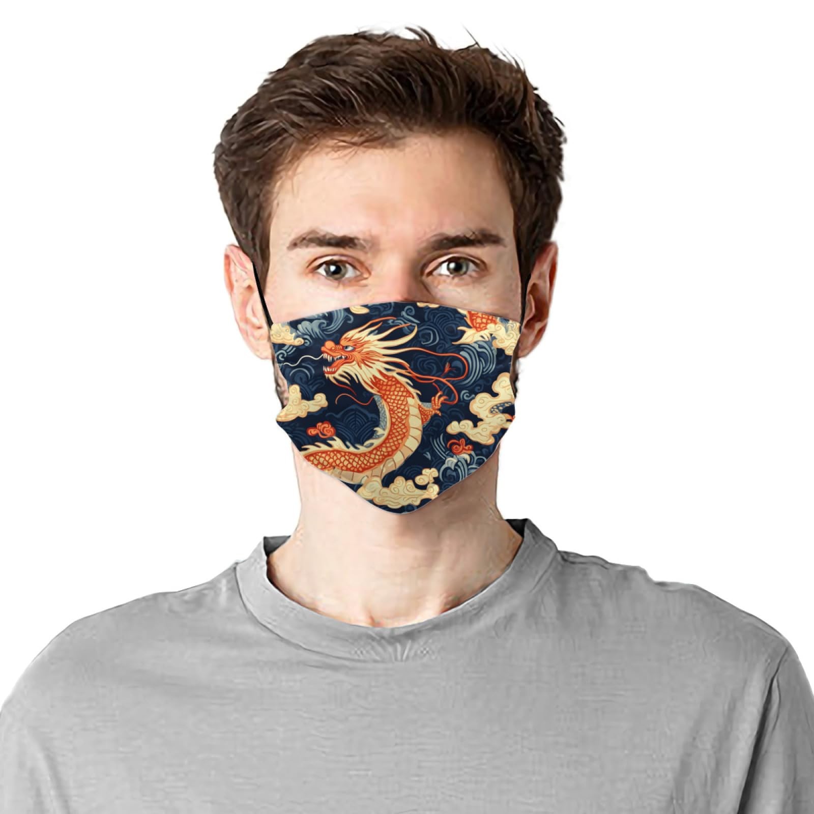 Chinese Dragon Pattern Face Mask Adult Washable Reusable Pleated Dust Mask 5-…
