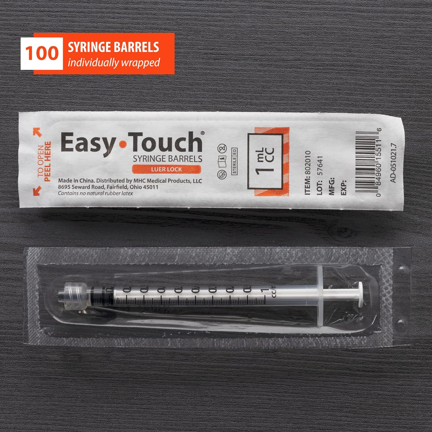 Easytouch Luer-Lock Syringe Barrel, 1ML Syringe, Pack of 100