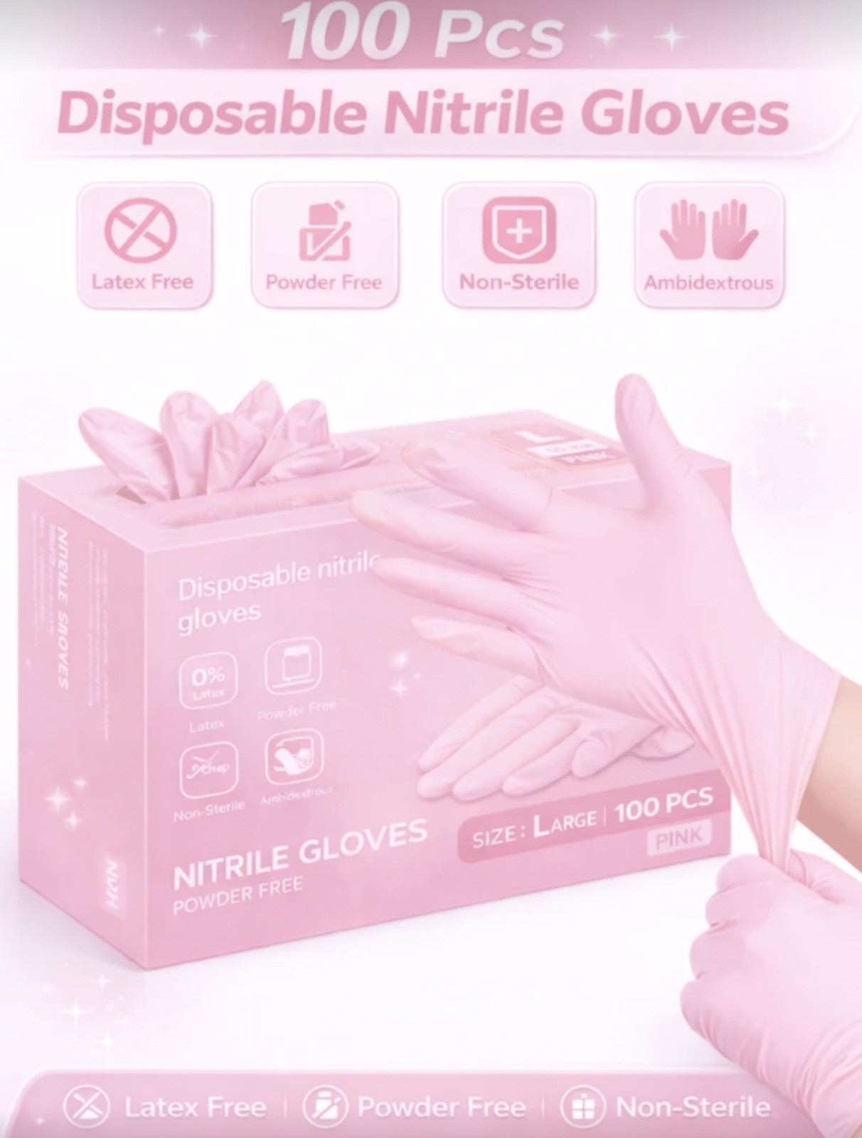 4pc/50pcs/100pcs Pink Nitrile Gloves Disposable Latex Free Cleaning Salon