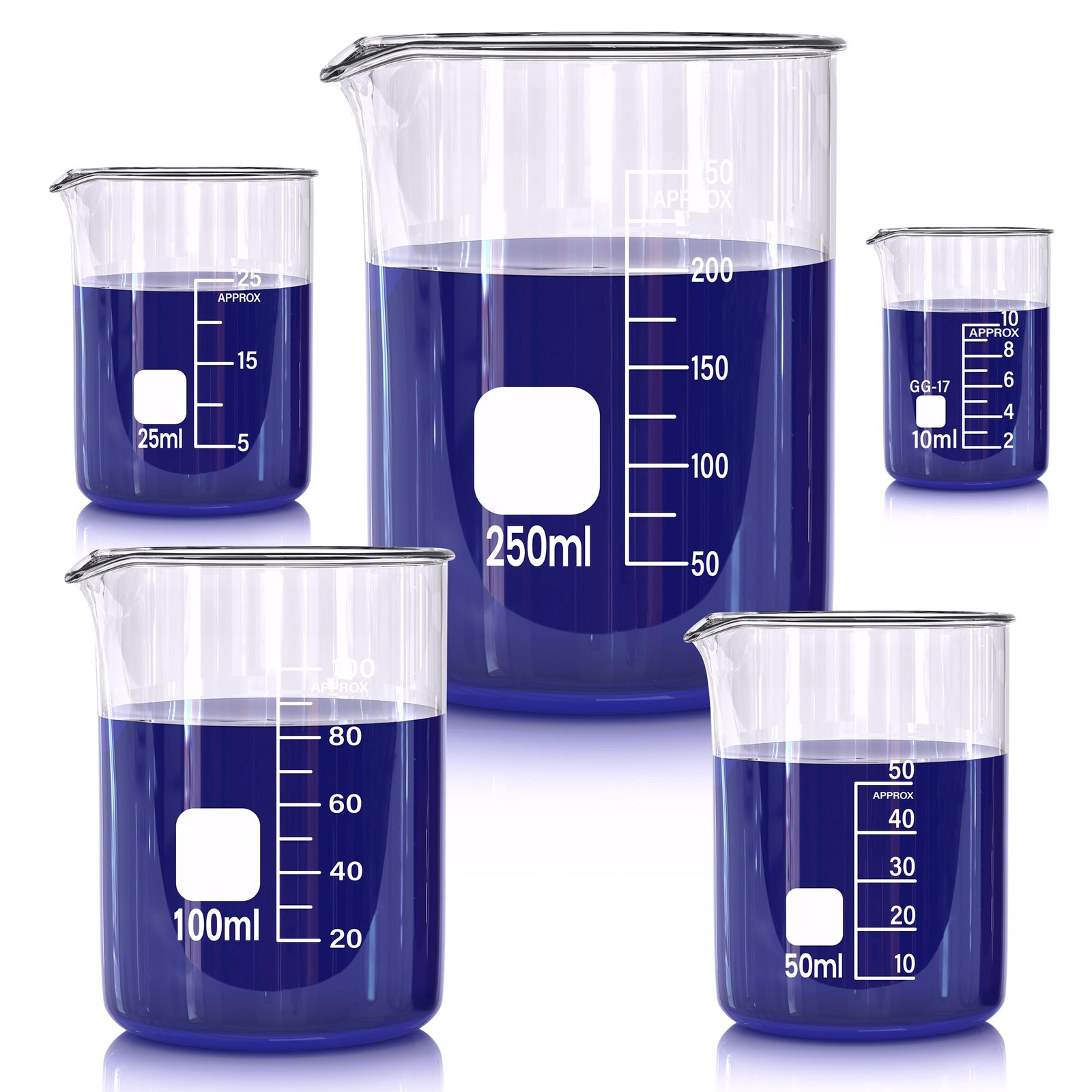 Glass Beakers Set, 5 Sizes 10ml, 25ml, 50ml, 100ml, 250ml, 3.3 Borosilicate …