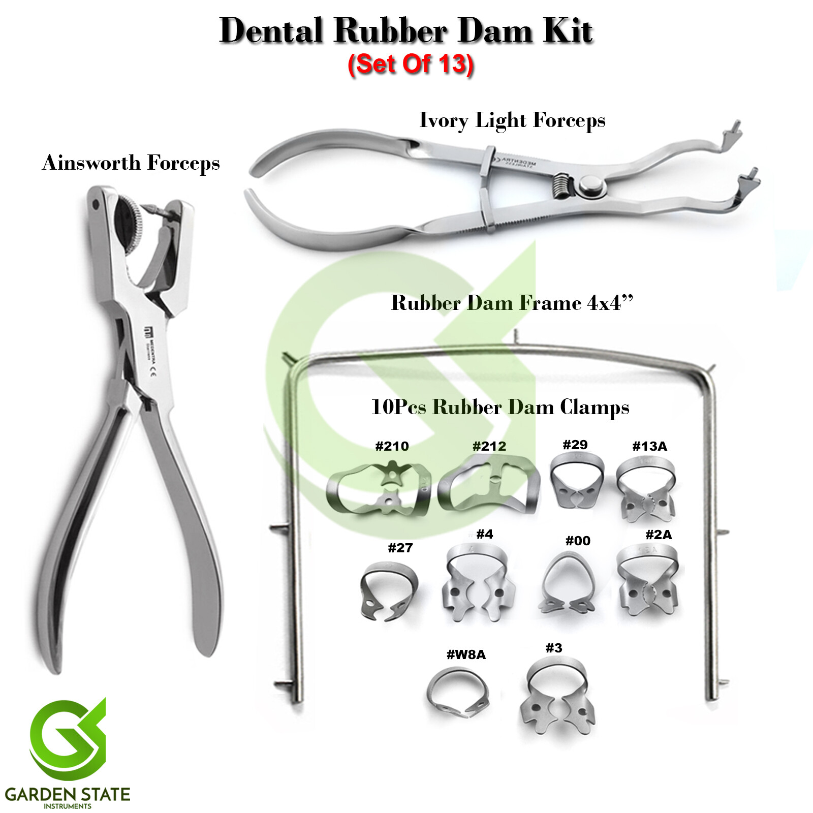 Dental Starter 13Pcs Rubber Dam Kit Frame Punch Clamps Forceps Dentistry Isolate