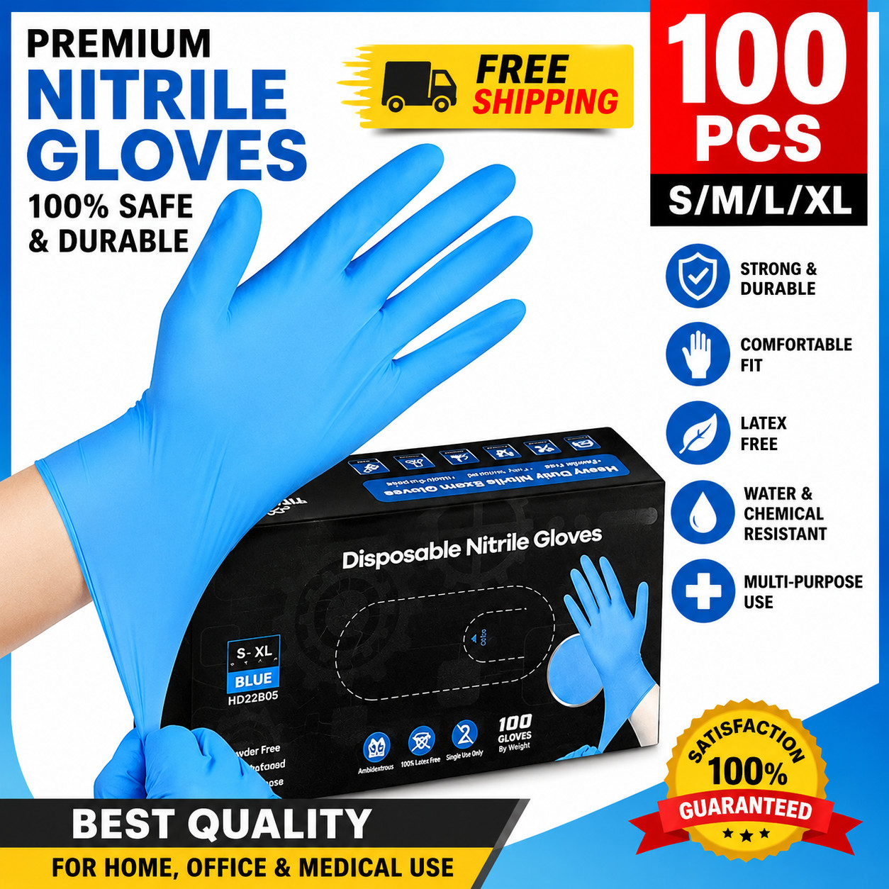 Blue Nitrile Disposable Gloves Latex Free Powder Free Cleaning Work 10-100PCS