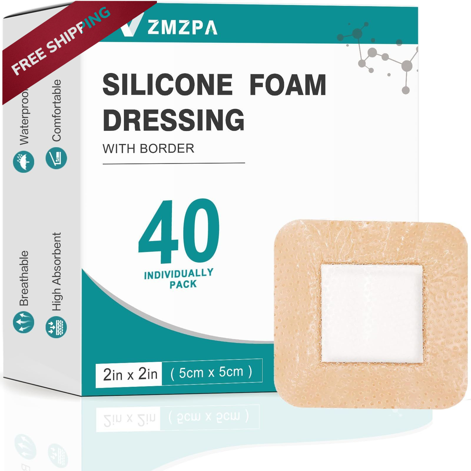 40 Pcs Silicone Foam Dressing 2×2 Gentle 2»x2» (40 Packs), Complexion
