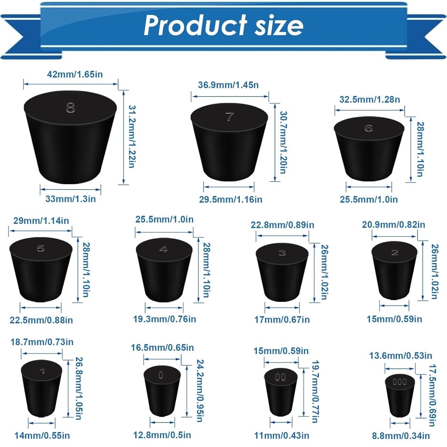 24Pcs Professional Rubber Stoppers – 11 Assorted Sizes for Lab & Industry