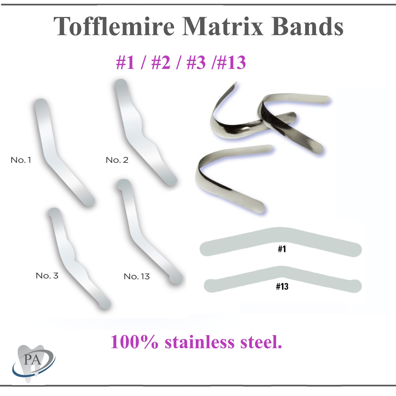 Dental Tofflemire Stainless Steel Matrix Bands #1, #2, #3, #4 – Upto 144/Pkg US