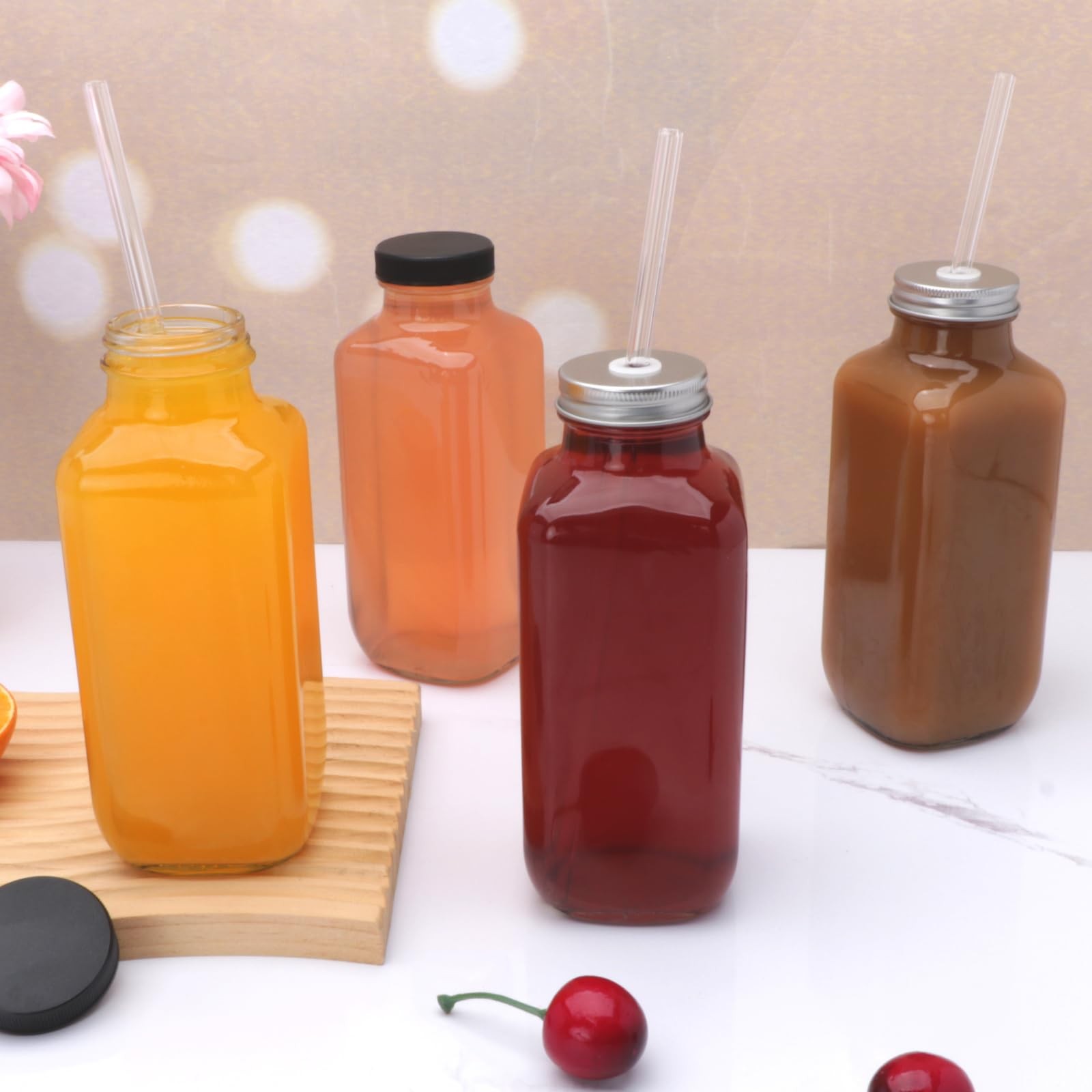 Encheng Glass Juice Bottles with Lids 16oz,Sqaure Juicing 10 Pack, Clear