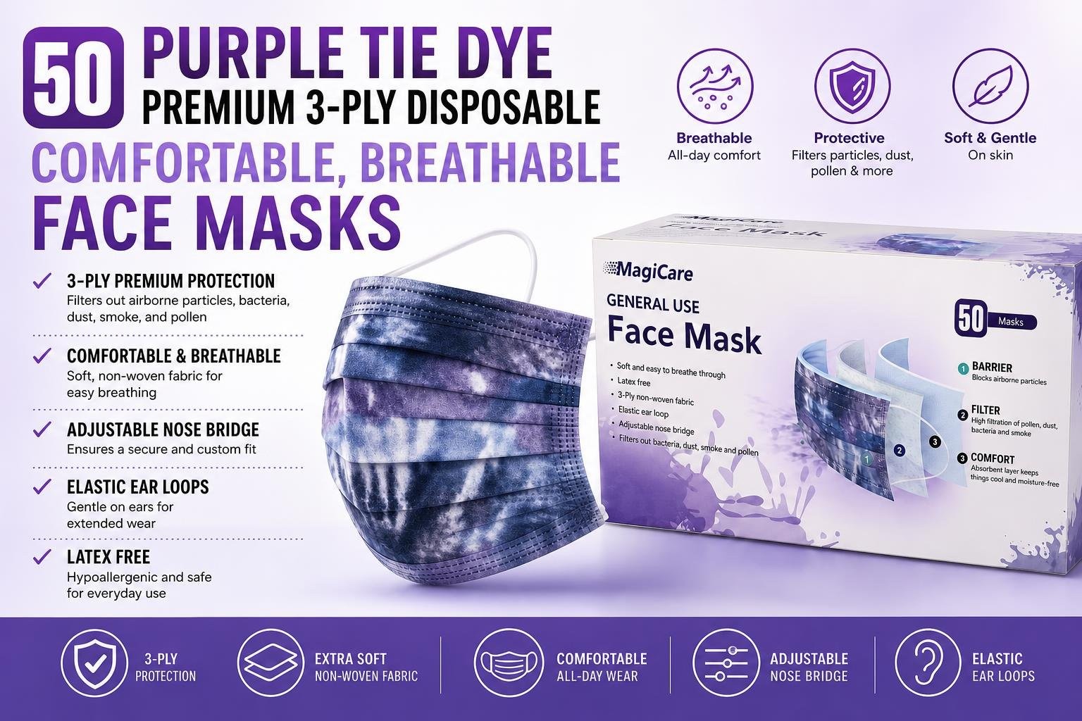 50 – MagiCare Tie Dye Disposable Face Masks – 3 Ply Face Masks for Adults Purple