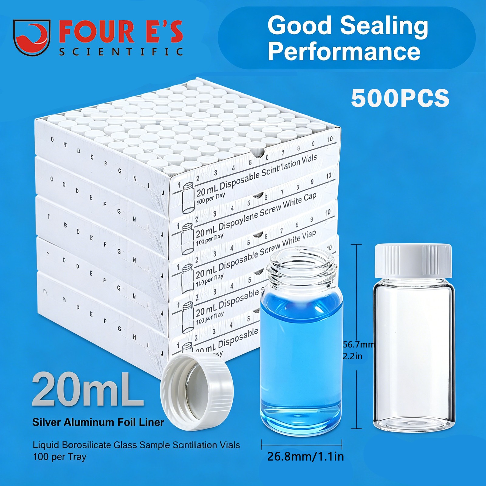 500Pcs 20ml Glass vials Scintillation Vials Counting Sample vials Aluminum gaske