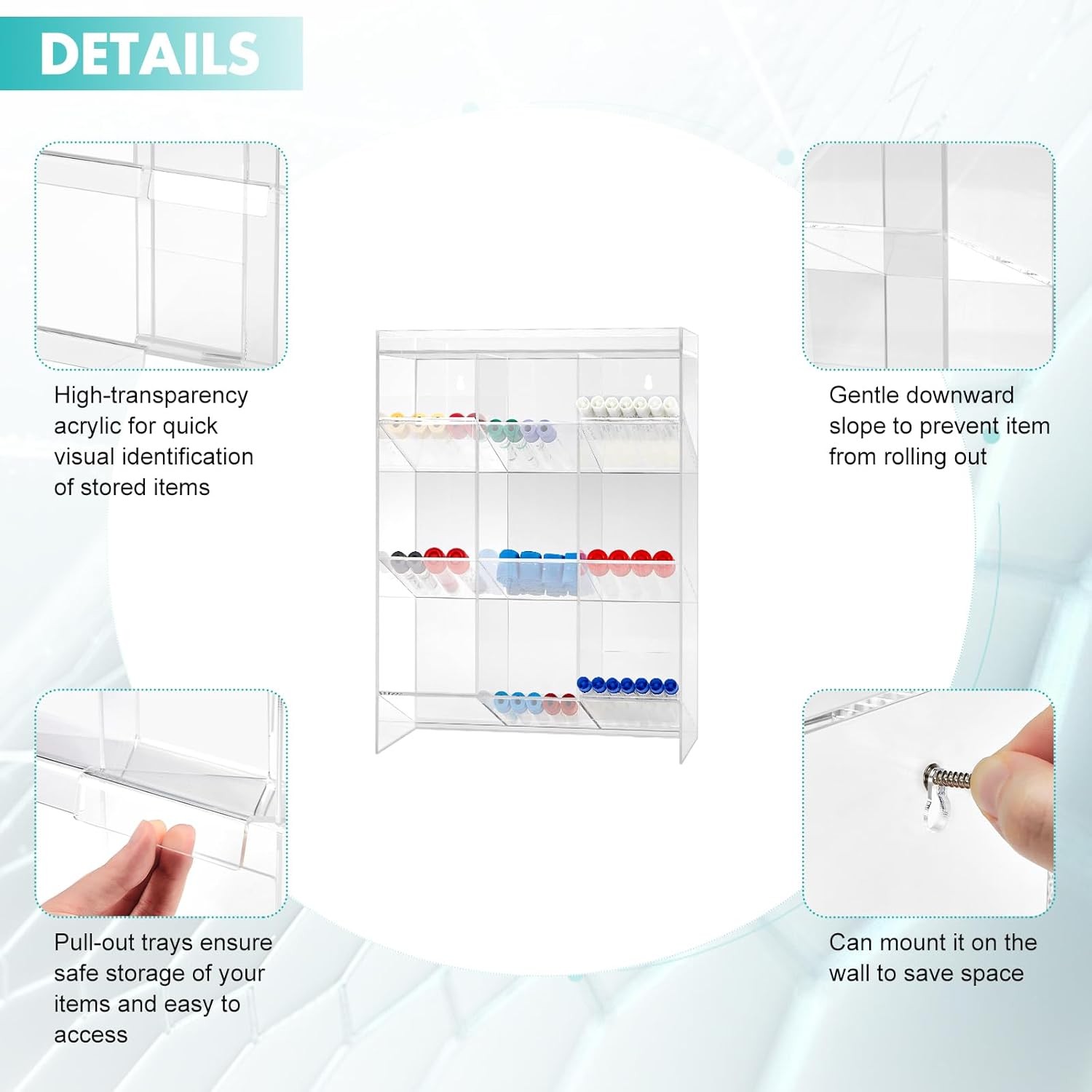 Clear Acrylic Tube Rack w/ 9 Compartment+3 Pull Out Trays Large Tube Holder US