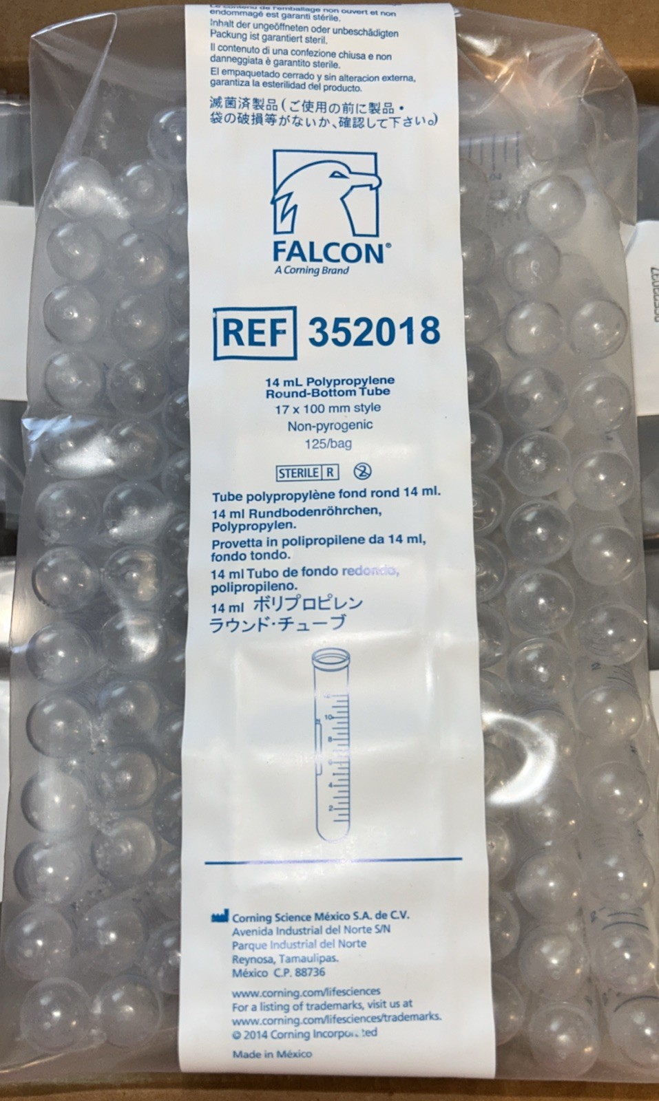 FALCON 14 mL Round Bottom PP Test Tubes Graduated No Cap 352018 (1000/cs). BC