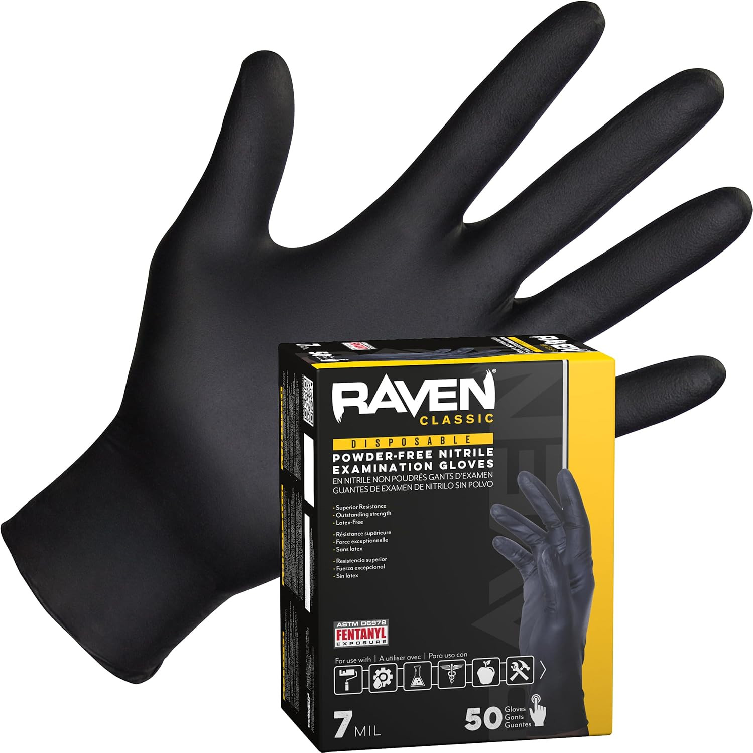 Raven Exam Grade Nitrile Disposable Gloves XL, Powder Free Latex Free Gloves, 7