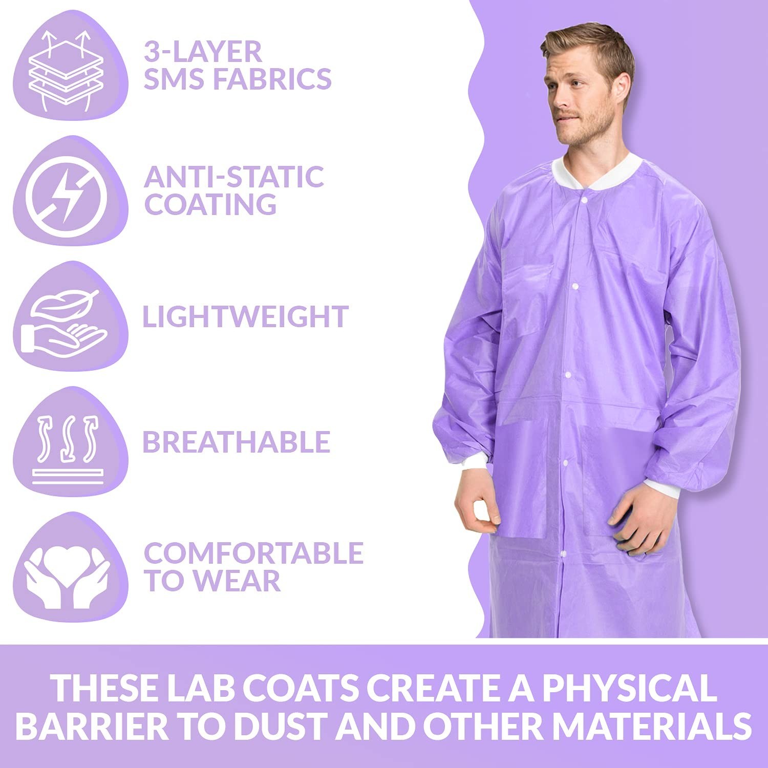 10 Disposable Lab Coats – Durable 50g SMS Knee Length Reusable Lab Coat with …