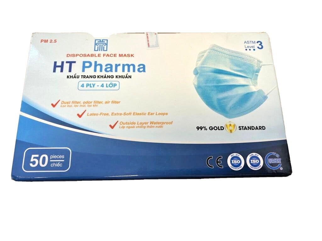 HT Pharma Antibacterial Latex-Free Ear-Loop Face Mask, 4-Ply, Case of 10/Bx