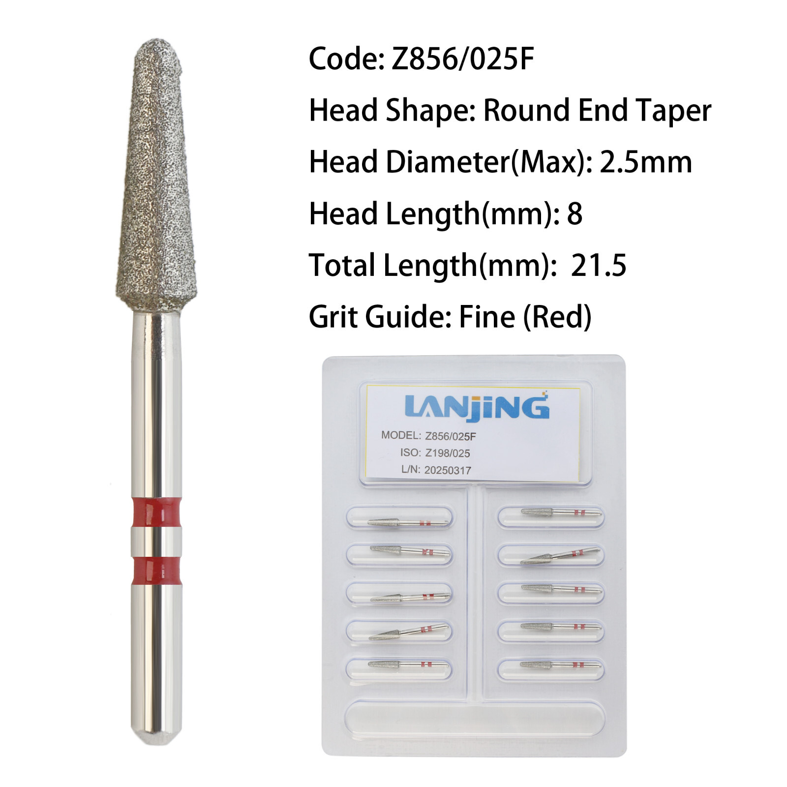 Zirconia Dental Diamond Burs Round End Taper FG Z856/025F Fine Grit High Speed