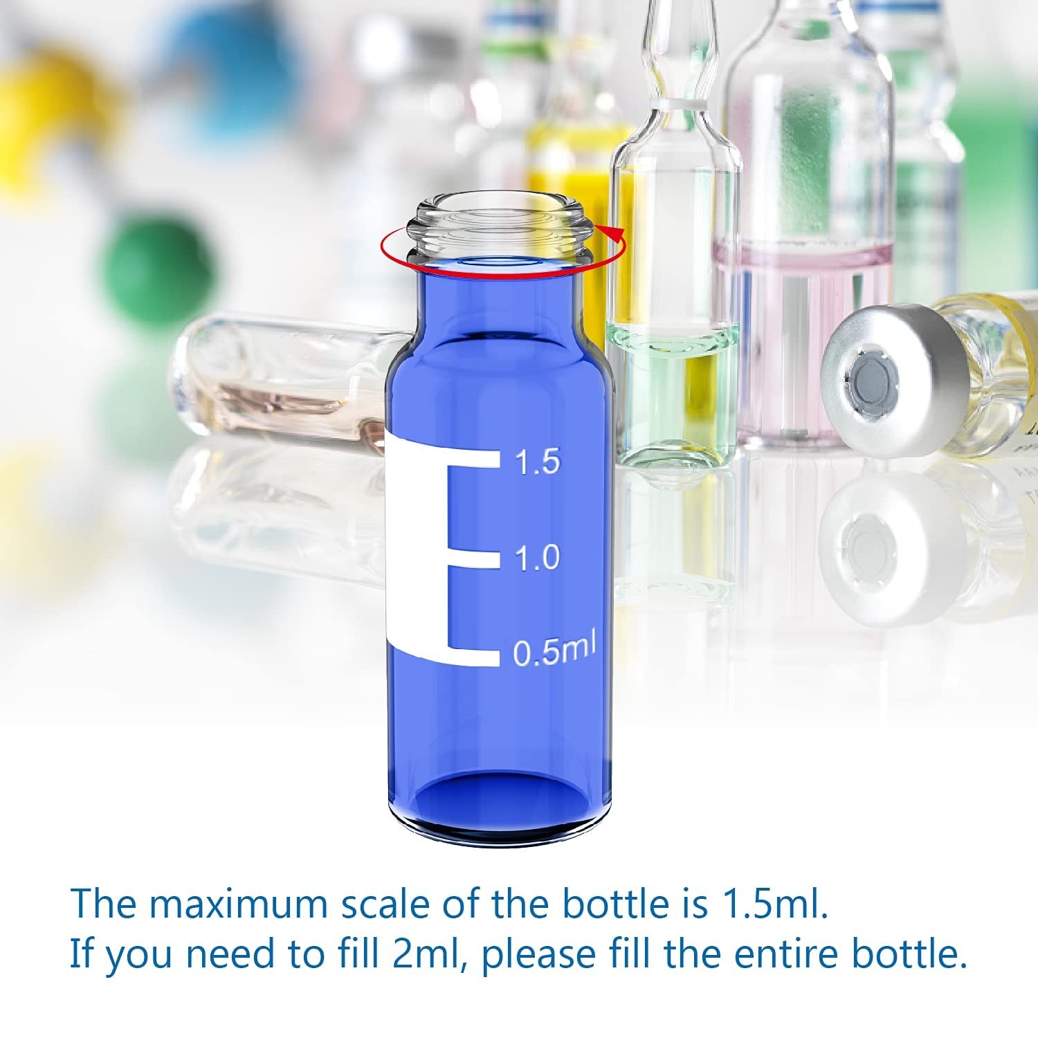 1000Pcs 2ml Autosampler Vial Transparent Sample Bottle with Blue Screw Caps US