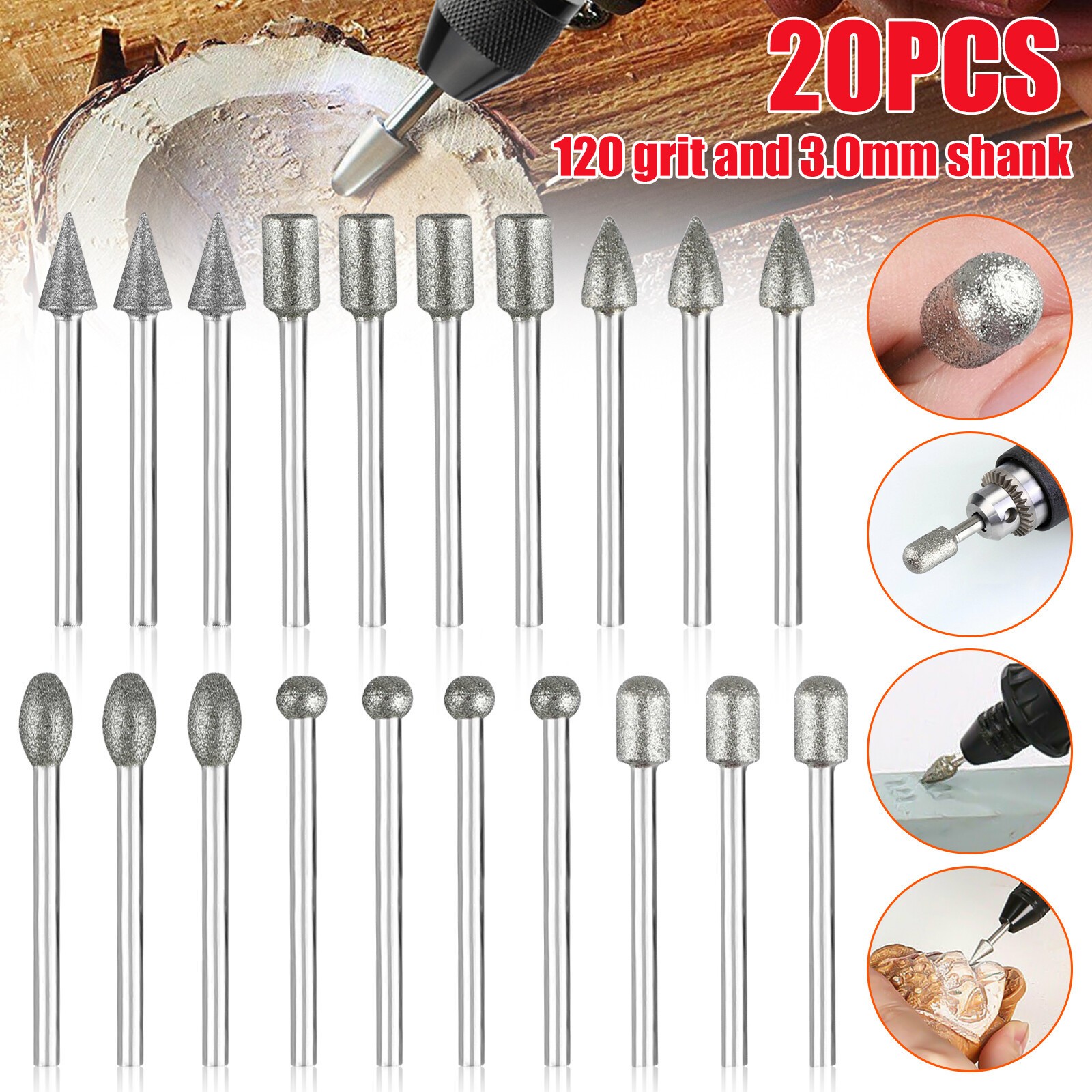 20Pcs 120 Dental Grinding Grit Diamond Burr Set Drill Bits Set for Rotary Tool