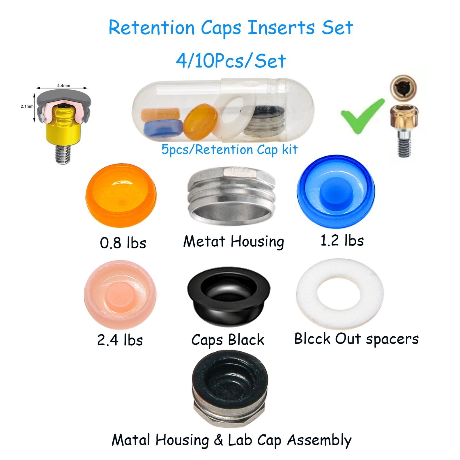 5pcs Set Dental Overdenture Locator Implant Abutment Retention Cap Inserts Set